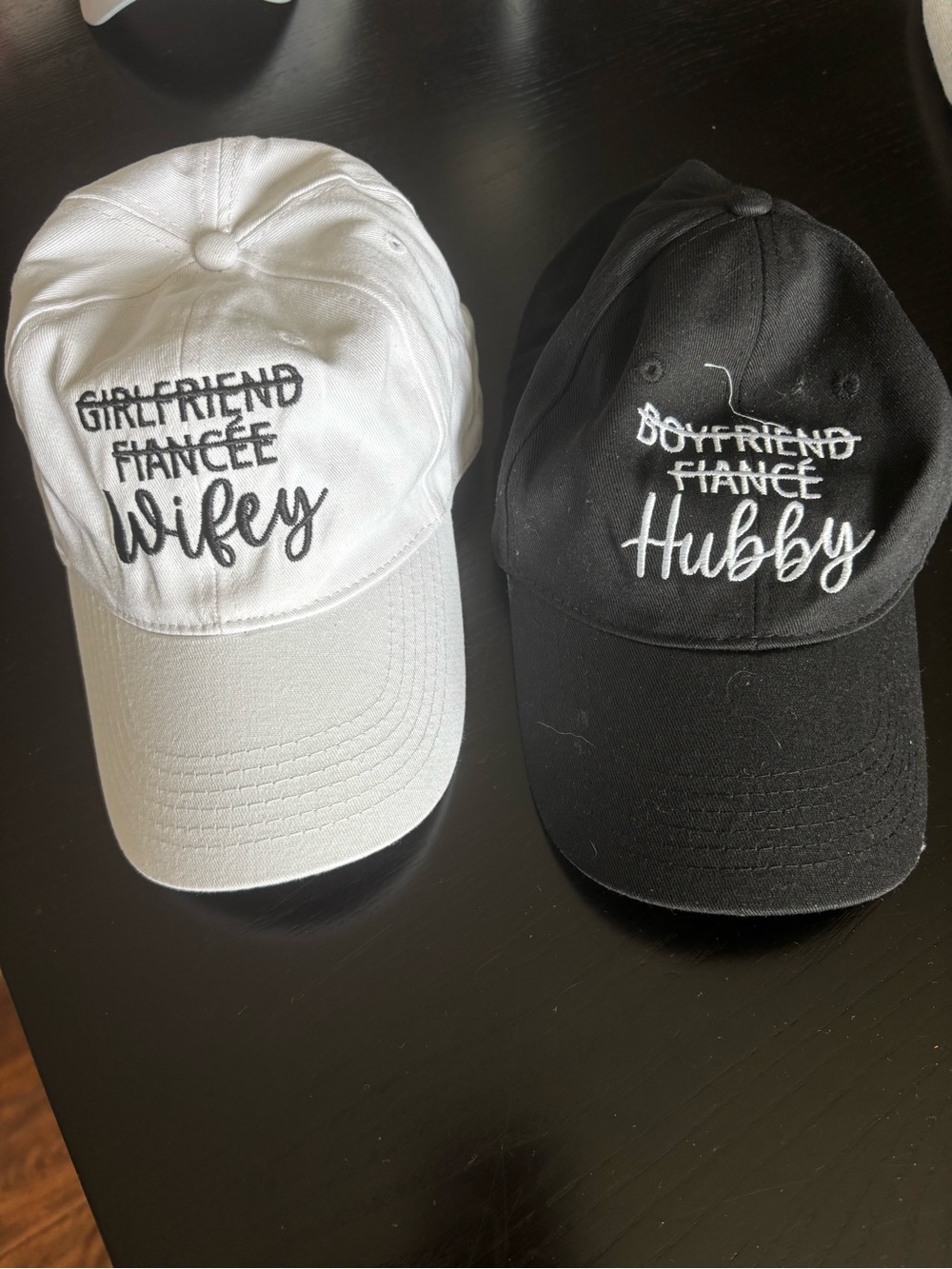 Wifey and Hubby Embroidered Cotton Baseball Caps - Black & White